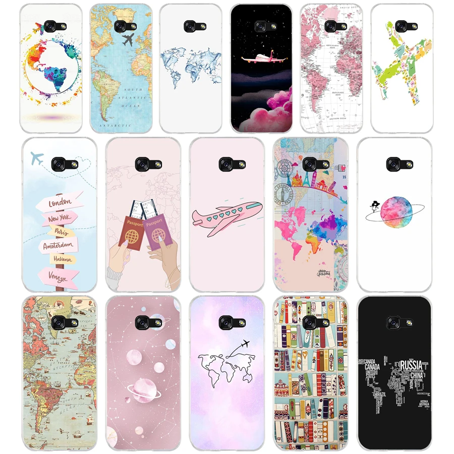 Чехол для Samsung A3, A5, A7, A8, 2016, 2017, 2018, A50, из ТПУ, мягкий, с картой мира