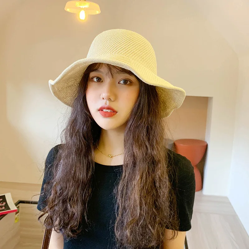 New fisherman hat female knitted Japanese art beach Korean outdoor folding basin sunshade and breathable | Аксессуары для одежды