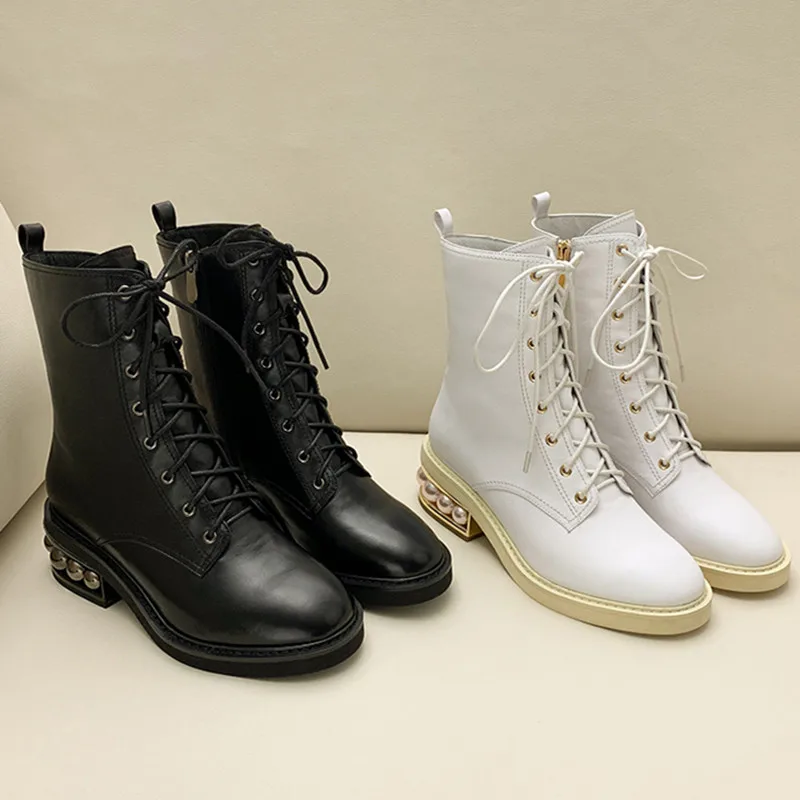 Новинка настоящий жемчуг BeadingLeather сезон осень-зима ботильоны с круглым носком на