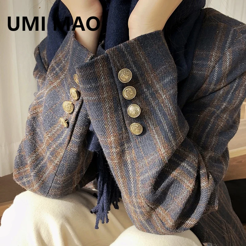 

UMI MAO Wool Retro Plaid Suit Jacket Autumn Winter New Quilted Casual Woolen Coat