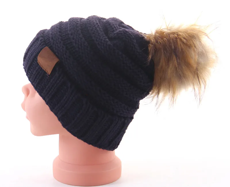 navy blue with tag Зимняя Брендовая женская шапка с помпонами, зимняя шапка для детей, шапка для девочек, вязаные шапочки, шапка, плотная детская шапка, шапочки - Цвет: navy blue with tag