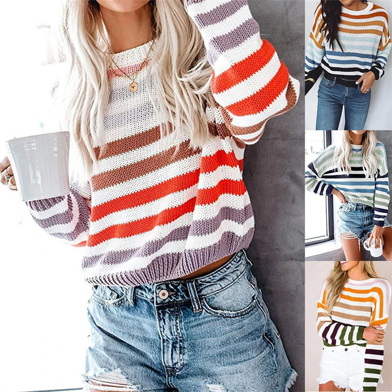 

Women's Fashion Sweaters Female Warm Knitted Ladies Striped Long Sleeves Top Pullover Winter Clothes Round Neck Sweater
