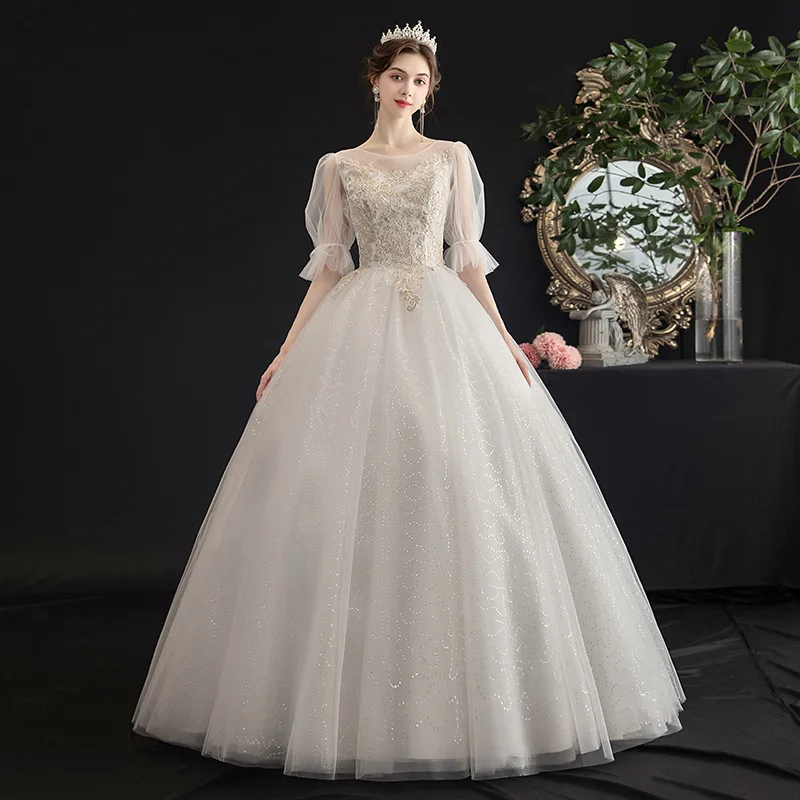 

2022 Wedding Dresses For Women O-Neck Puff Sleeve Floral Print Backless Lace Up Gowns Bridal Princess Dress De Novia Vestidos
