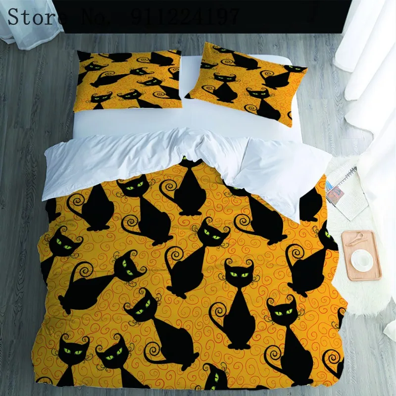 Комплект постельного белья с мультяшным черным котом пододеяльник одеяло