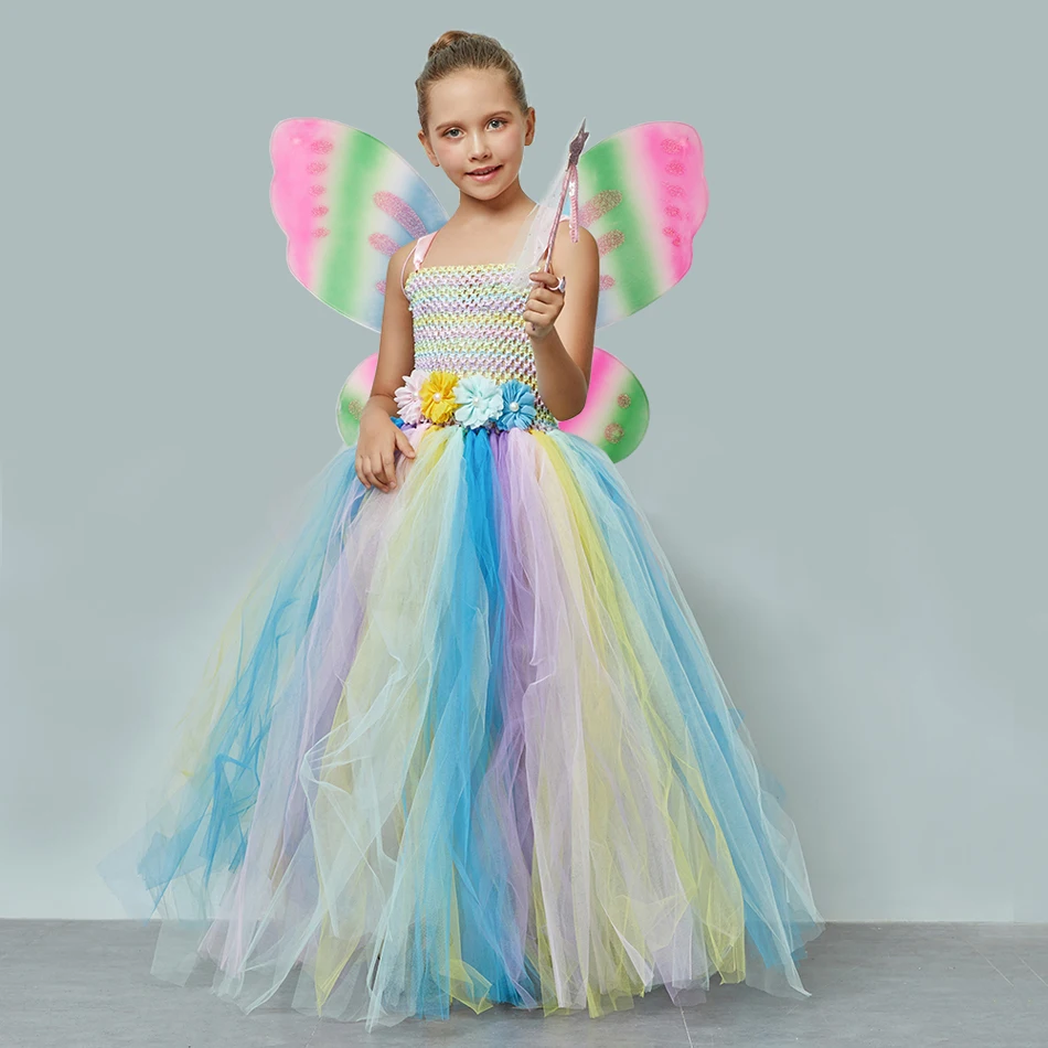 

Girls Pastel Rainbow Princess Cosutme Dress With Wing Wand Wedding Dress for Bridesmaid Baby Butterfly Cosplay Outfits Clothing