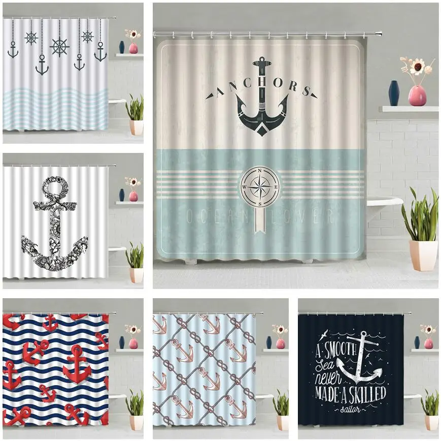 

Mediterranean Nautical Anchor Shower Curtain Nordic Rudder Boat Bathroom Waterproof Wall Hanging Curtains Screen Hook Home Decor