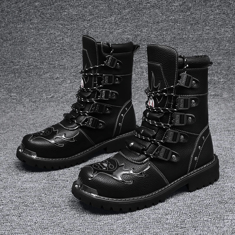 

Men Military Boots Genuine Leather Motorcycle Boots Men Punk Boots warm Snow Shoes Cowboy boots Desert Combat Tactical Boots 46