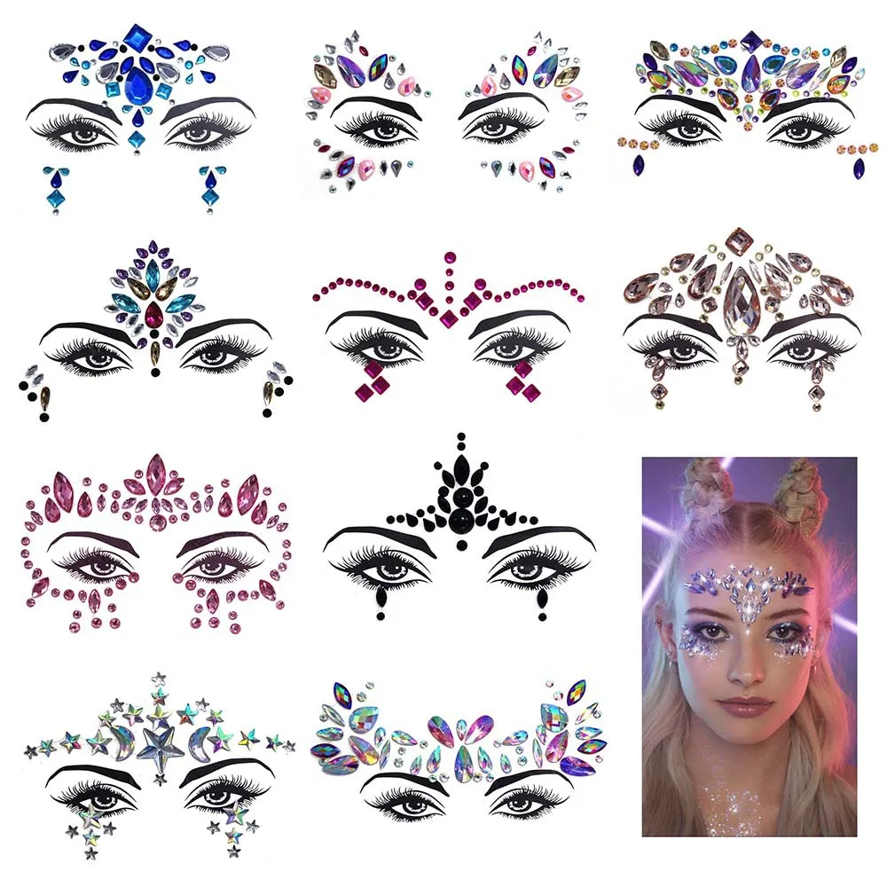 

3D Sexy Face Tattoo Stickers Temporary Tattoos Glitter Fake Tattoo Rhinestones for Women Party Face Jewels Tattoo Makeup Tools