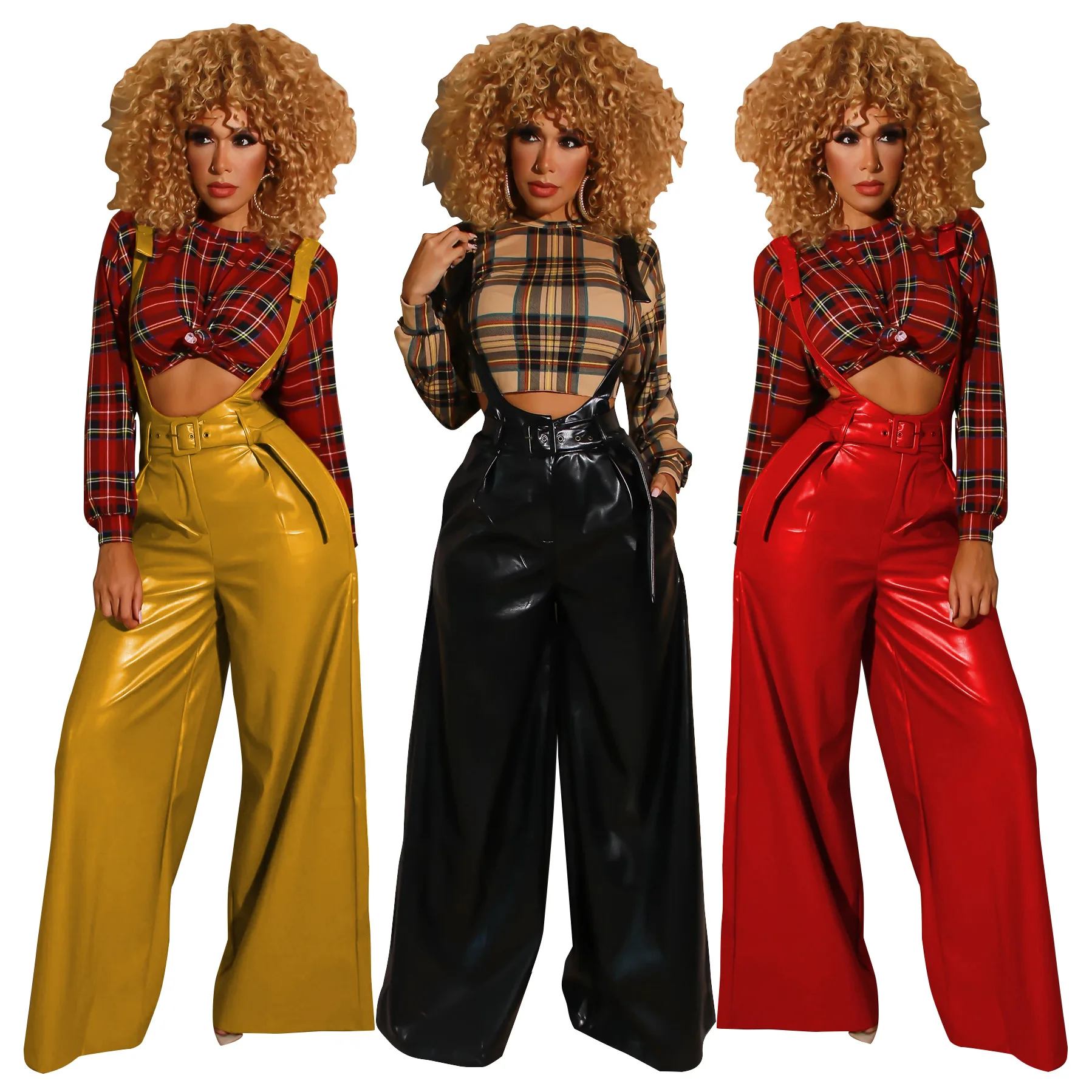 

Spot 2021 European and American spring and autumn fashion casual sexy with belt PU leather suspenders flared pants