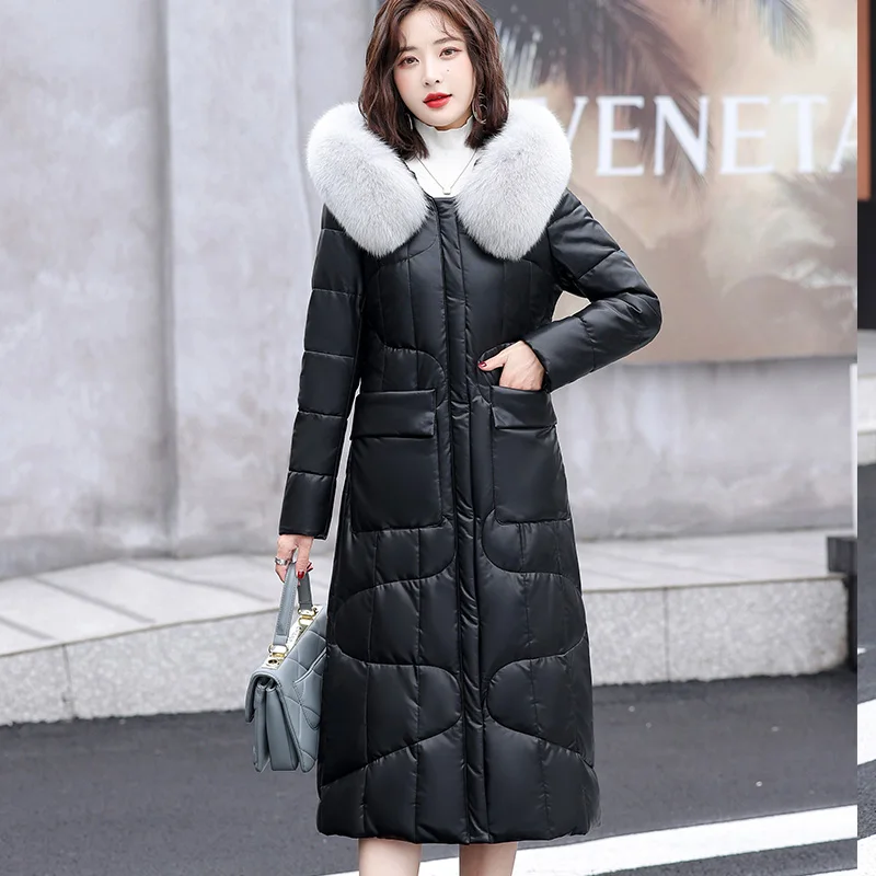 New Women Sheepskin Down Overcoat Autumn Winter Elegant Fashion Fox Fur Collar Thick Warm Slim Long Sheep Leather Down Coat