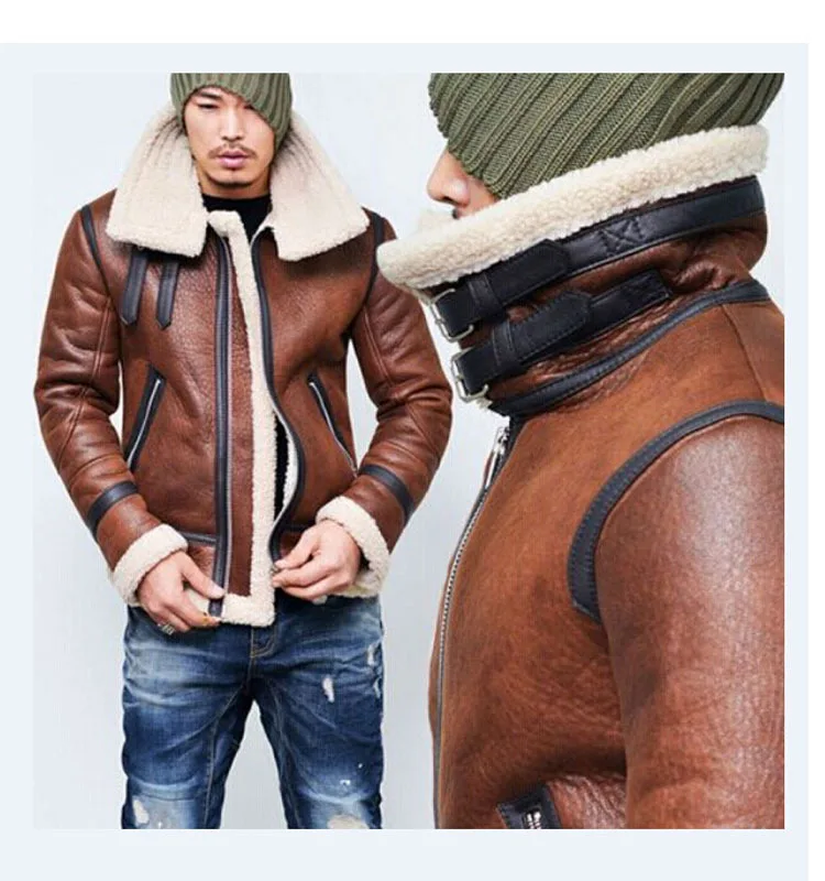 

Куртка-бомбер мужская из искусственной кожи, с меховым ремнем и высоким воротником, зимняя куртка с шерстяной подкладкой и длинным рукавом