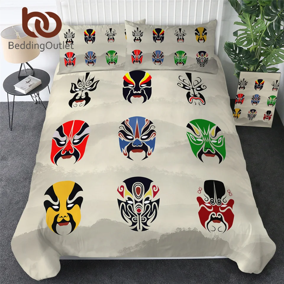 

BeddingOutlet Beijing Opera Bedding Set Chinese Culture Bed Set Mask of Ancient People Quilt Cover Mountains Print Home Textiles