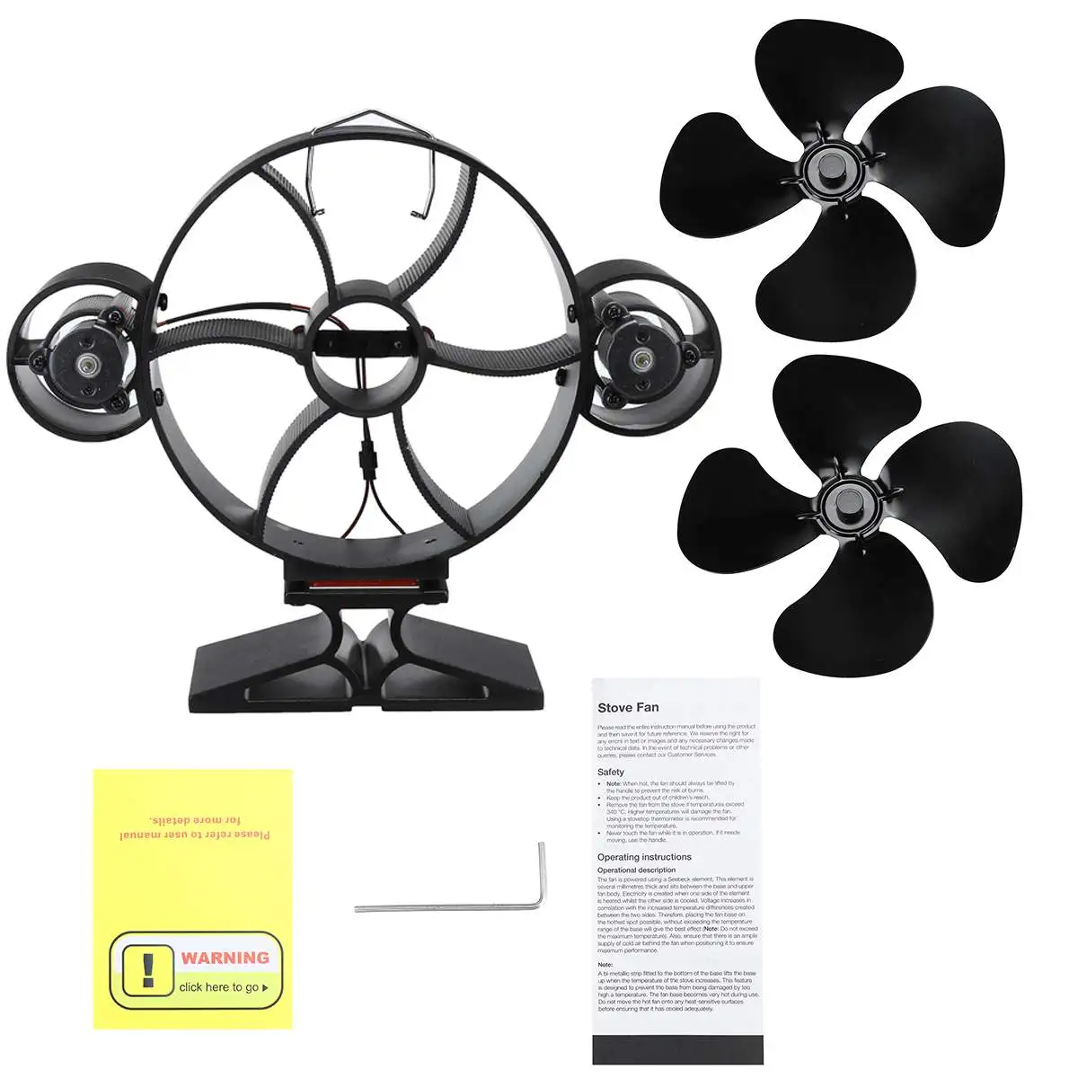 

Black Fireplace 4 Blades Dual Heads Heat Powered Stove Fan Log Wood Burner Quiet Home Fireplace Fan Efficient Heat Distribution