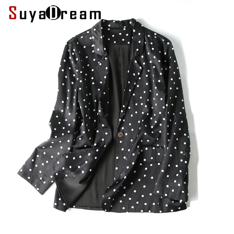 SuyaDream Женский блейзер 100% шелк на одной пуговице с принтом в горошек весенние