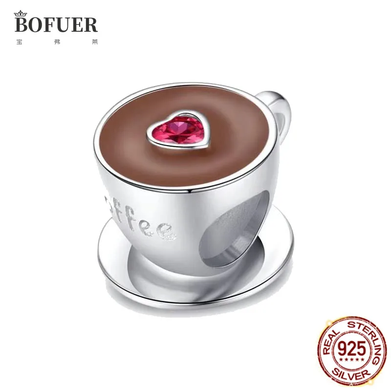 

925 Sterling Silver Coffee Cup Charm With Red Zircon Bead Fit Original Pandora Bracelet Making Fashion DIY Jewelry For Women