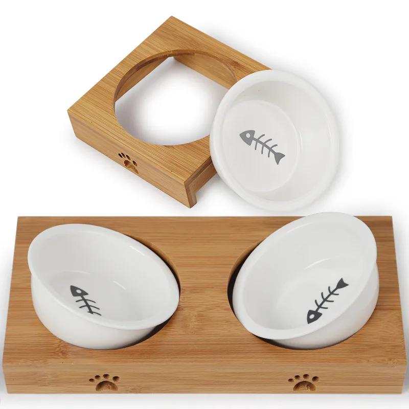 

Double Ceramic Tableware Dog Feeders Cat Bowl Pet Food Water Bowls Single Bamboo Frame Antiskid Pets Supplies Accessories