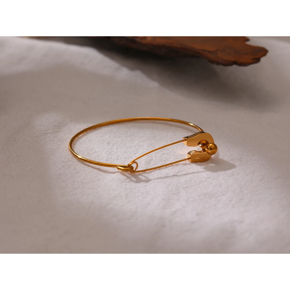 

Yhpup Unique Pin Metal Bangle Bracelet Stainless Steel Gold Color 18 K Chic Bracelet Jewelry for Women Gift
