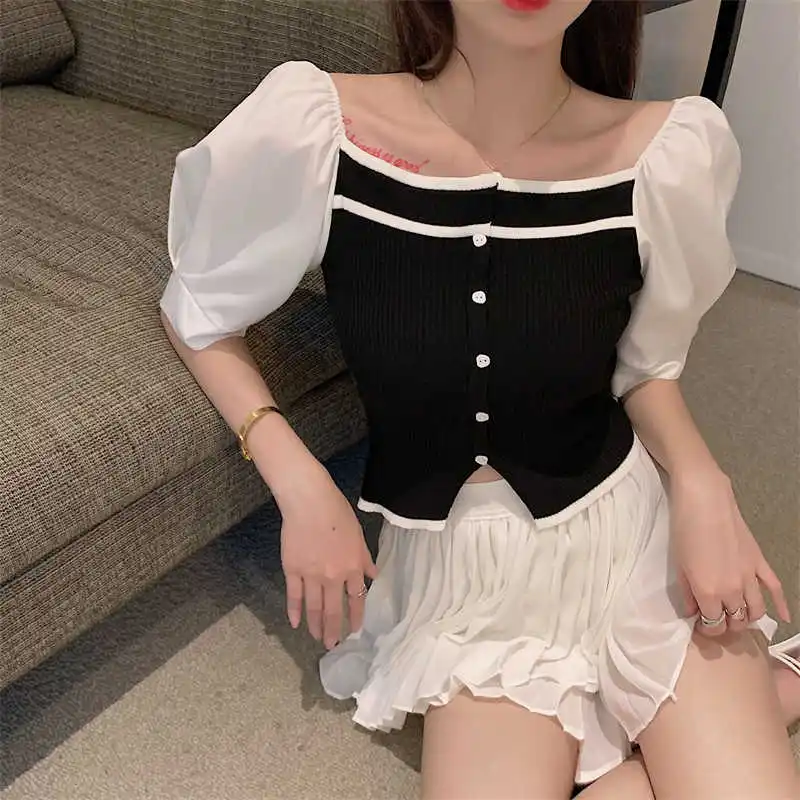 

Real Shot Puff Sleeve French Square Collar Short Knitted Short Sleeve