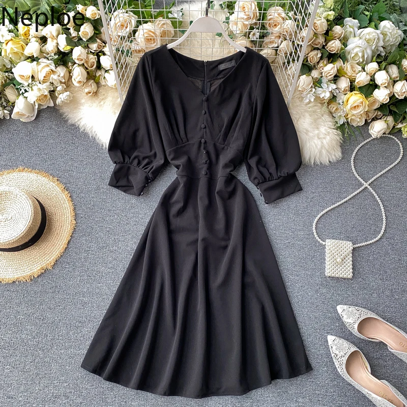 

Neploe Chiffon Single Breasted Dress Women Fashion V Neck Short Sleeve Vestidos Summer 2021 Elegant Slim Waist Female Dresses