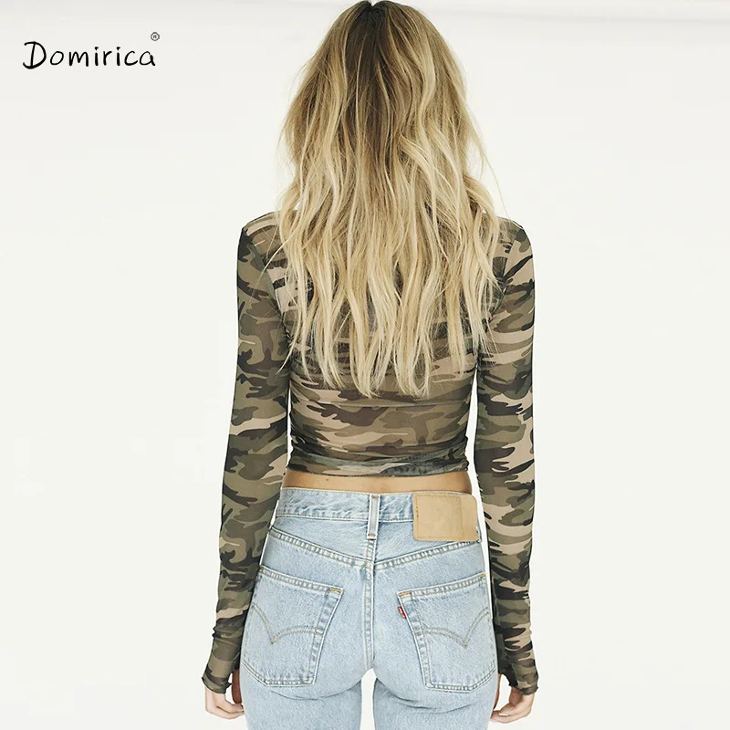 

Camouflage T-shirts Summer Sexy Round Neck Mesh Micro-transparent Long-sleeved Short T-shirt Cool Girl Crop Top Woman Tshirts