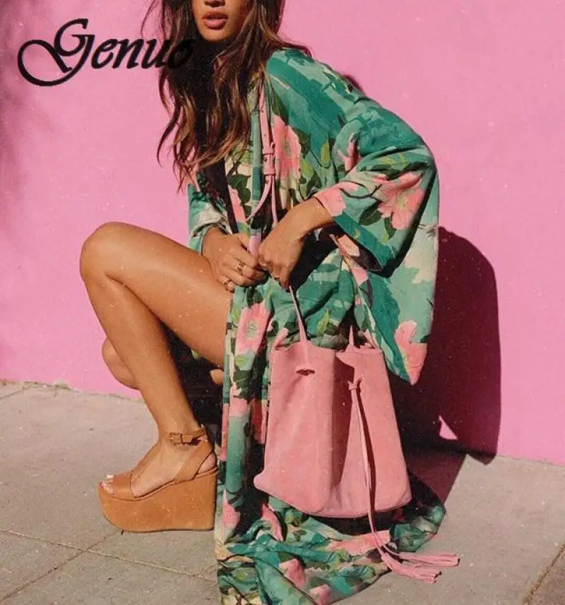 

Green Vintage Retro Night Garde Print Boho maxi Kimono Shirt Sleeve Cardigan bohemian long Wrap blouse Summer Tops Beachwear
