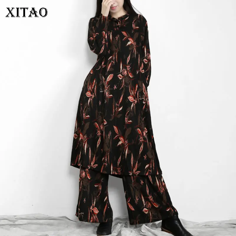 

XITAO/новые женские комплекты со штанами с принтом, Модные Винтажные длинные пальто с воротником-стойкой, свободные штаны, 2021 Осенние повседне...