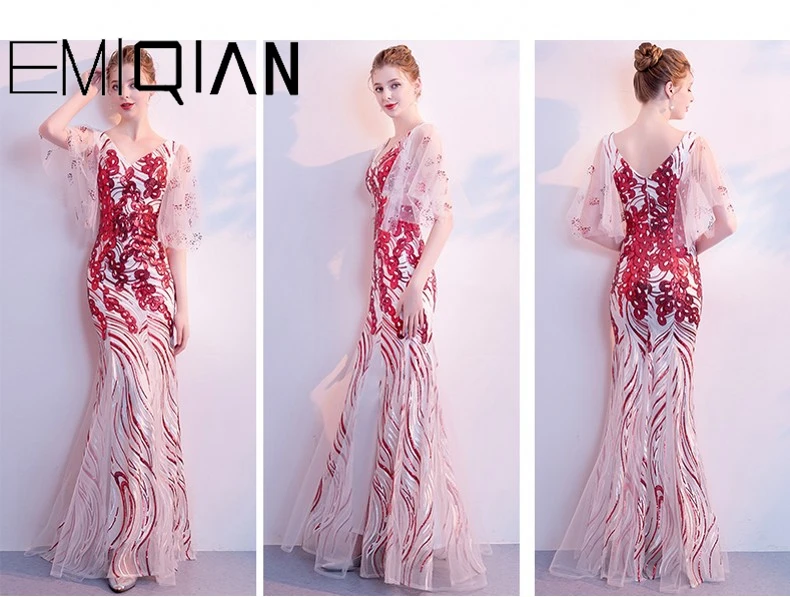 Красный Новое поступление, Сексуальные вечерние платья, Vestido de Festa, Русалка, платье для выпускного вечера, Robe De Soiree, круглый вырез, половина рукава, с блестками - Цвет: Красный