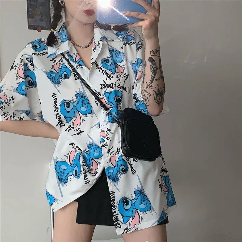 

Harajpoo Couple Shirts 2021 Summer Korean Version Ins Summer Harajuku Style Retro Cartoon Full Print Trend Short-sleeved Blouse