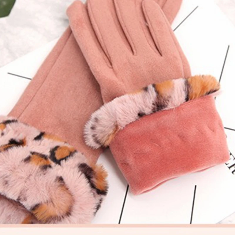 2019 Winter Gloves Women Leopard Rabbit hair suede leather Mittens Warm Soft Female Touch Screen | Аксессуары для одежды