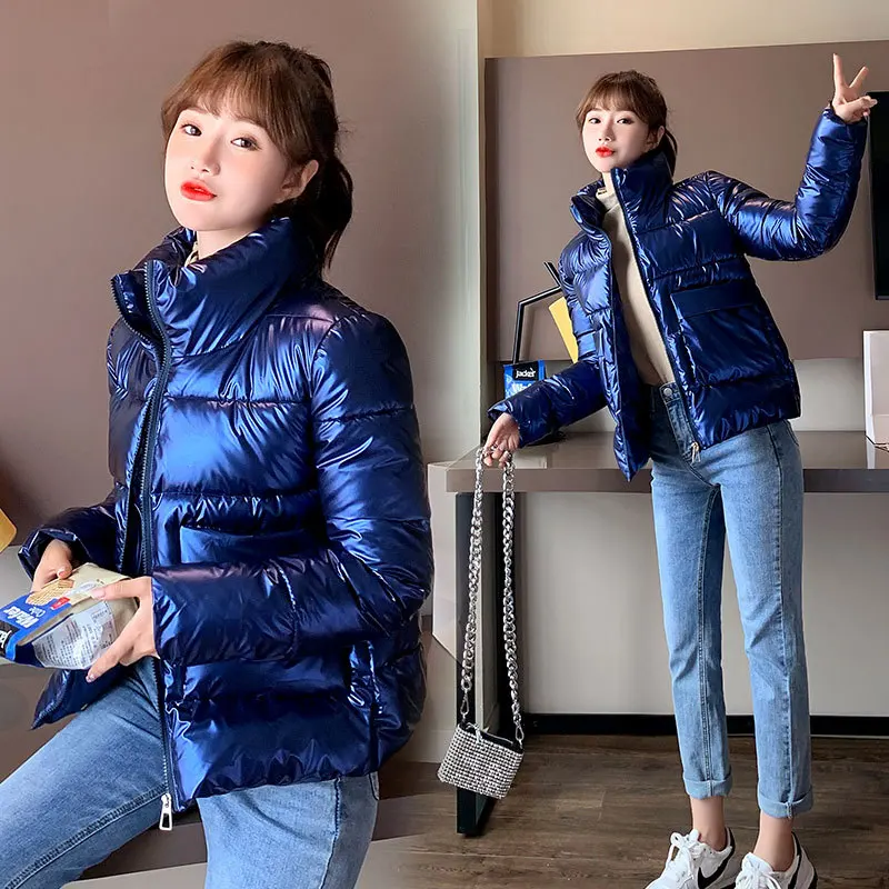 

2021 Autumn Winter Women Parkas Jackets Casual Stand Collar Shiny fabric Thick Warm padded Coats Female Winter Outwear Jackets