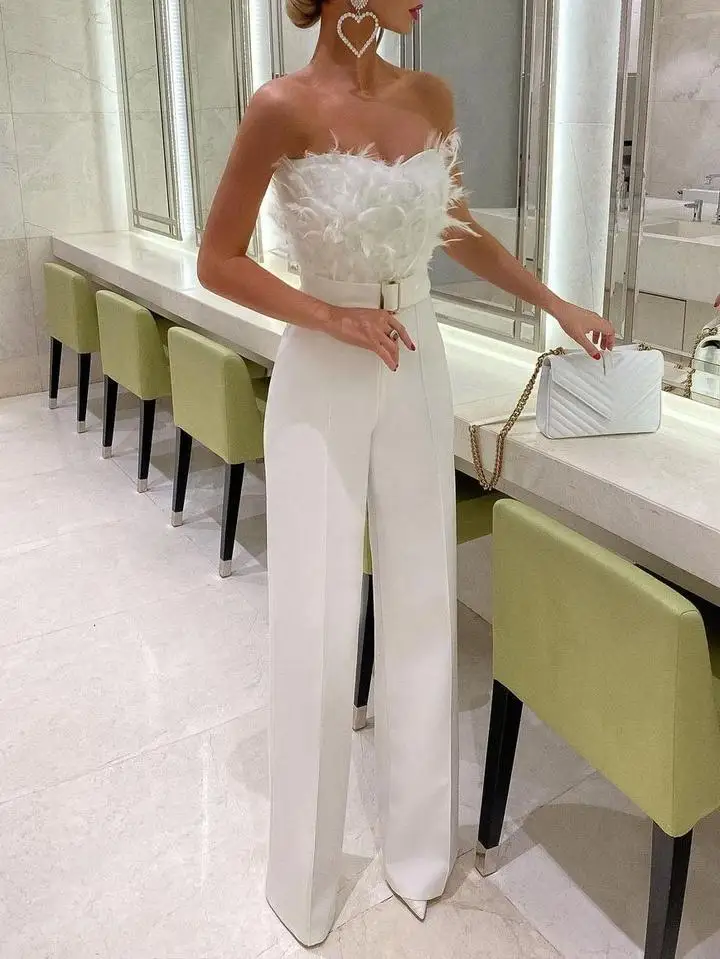 

Women Jumpsuit Spring and Summer Feather Tube Top Sexy Fashion Loose Sleeveless Temperament Solid Color High Waist Jumpsuit
