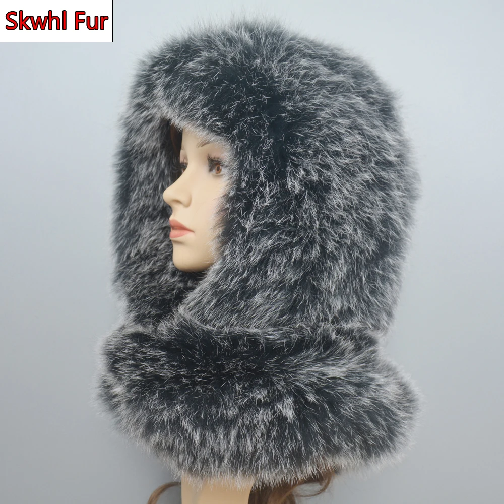 

New Luxury Lady Real Fox Fur Hat&Scarf Winter Warm Fluffy 100% Natural Fox Fur Hats&Scarves Women Knitted Genuine Fur Cap&Shawl