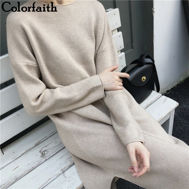 Colorfaith Новинка 2019 осень зима женские платья Сплит Вязание прямой минималистичный