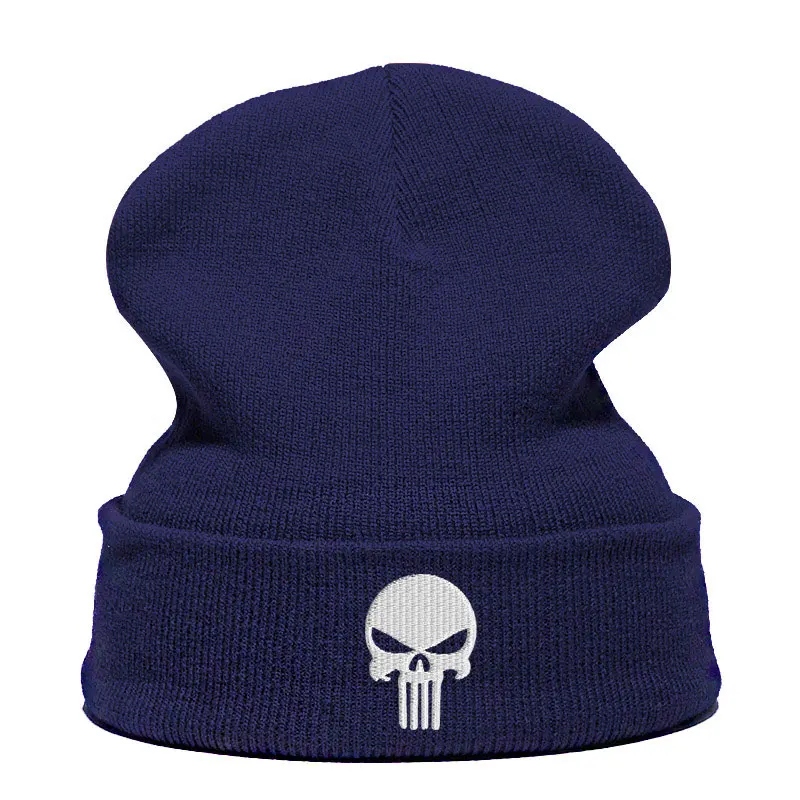 Beanie шляпа Skullie шапка, вязаная шапка-носок Зимняя Вышивка в стиле панк Для мужчин Для женщин для мальчиков и девочек подростков уличных танцев череп Skelton черный, белый, серый - Цвет: Navy white