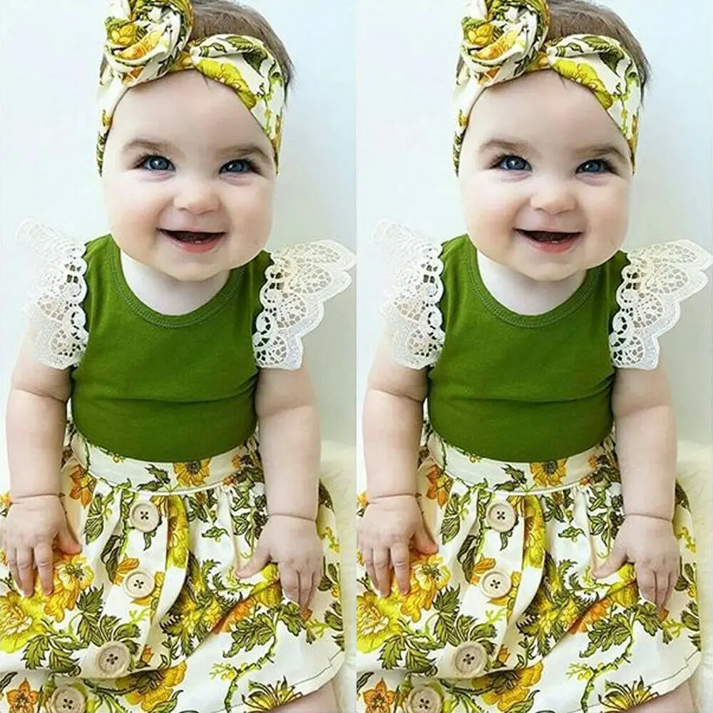 3 шт. кружевные боди с коротким рукавом юбка цветочным принтом и повязка на голову