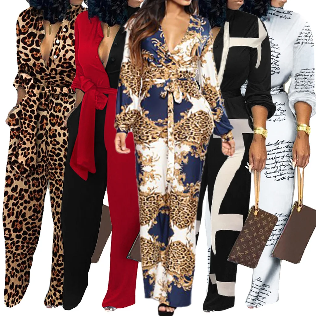 

Autumn New Ladies Jumpsuit Fashion Casual Printing Sexy Button With Belt Long Sleeve Wide Leg Jumpsuit