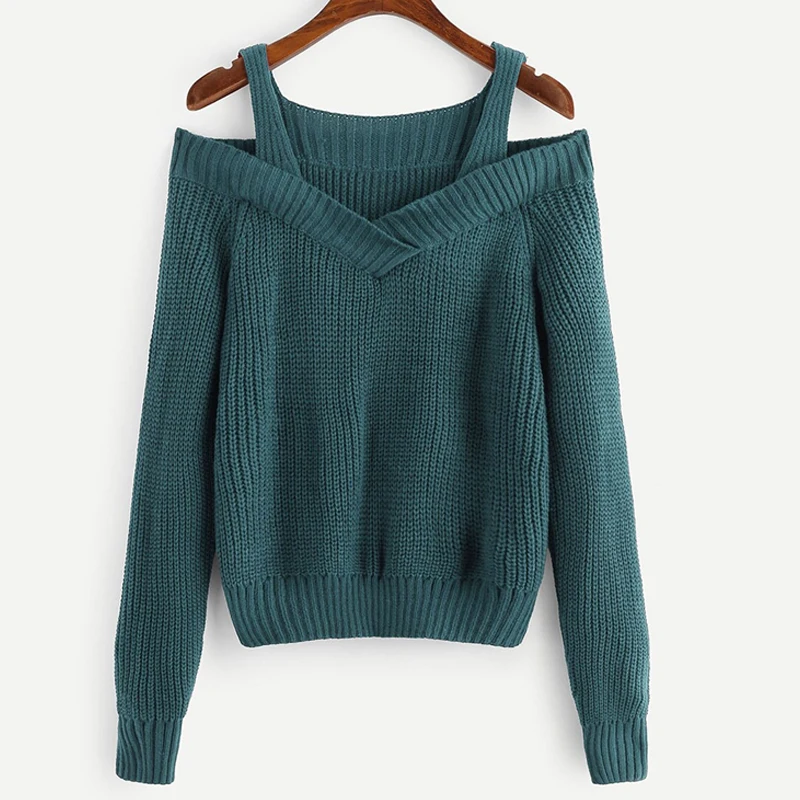Dotfashion Повседневное зеленый с открытыми плечами укороченный свитер Для женщин сезон: весна-лето белый V образным вырезом Базовая свитера женские одноцветное на бретелях Топ