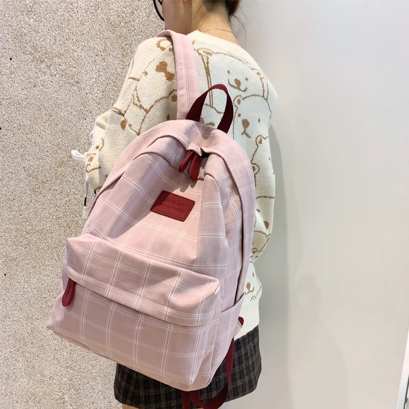 Женский хлопковый рюкзак DIFA Большой Вместительный школьный в клетку для девочек