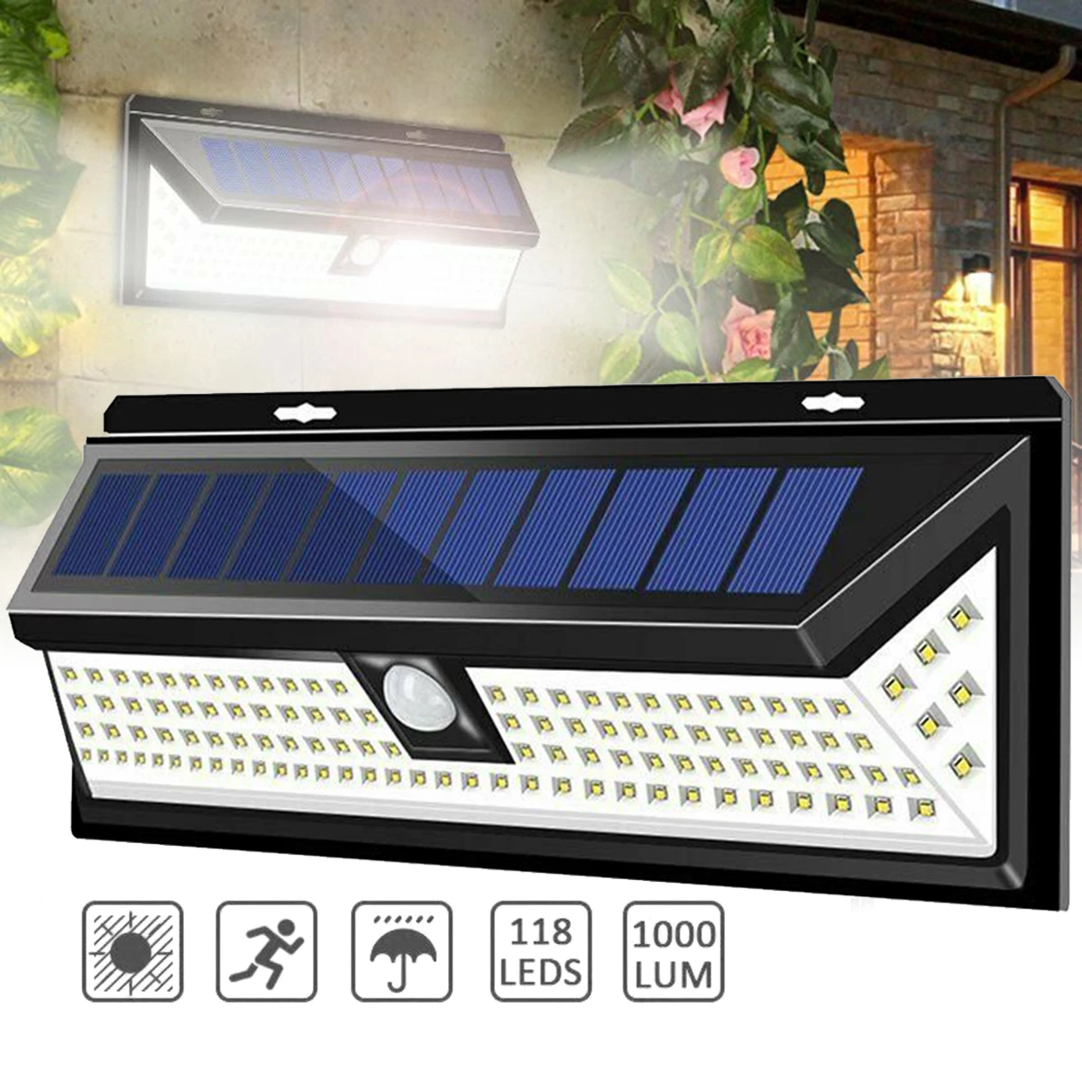 

118 LED 3 Modes Solar Light Outdoor Motion Sensor PIR Wall Light Waterproof Solar Lamp Solar Powered Sunlight Garden Decor