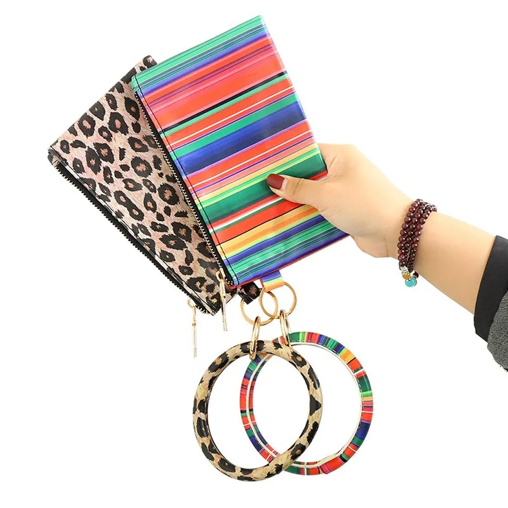 Fashion Leopard Print PU Leather Tassel Pendant Bracelet Color Ladies Leather Keychain Bracelet Wallet Mobile Phone Bag Jewelry