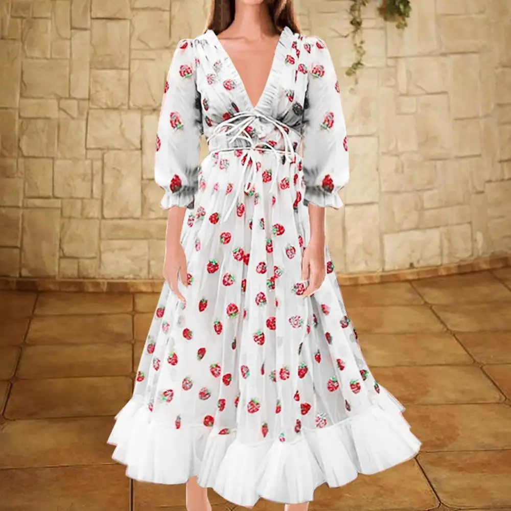 Модная женская повседневная сексуальная Клубничная Милая сетчатая пряжа с