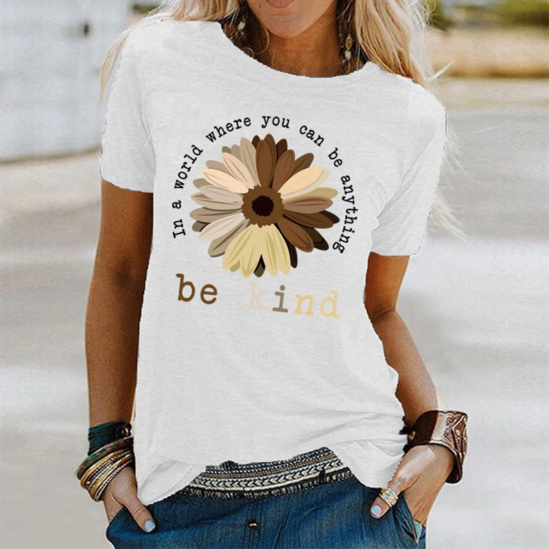 

Summer be kind personalized Street sunflower fashion printing loose round neck short sleeve casual breathable T-shirt for women