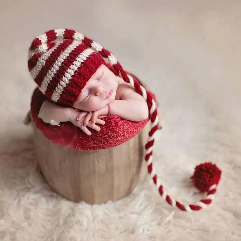 

Baby Knitting Long Tails Christmas Cap Newborn Photography Props Stripe Crochet Baby Shoot Hats Infant Studio Fotografia Clothes