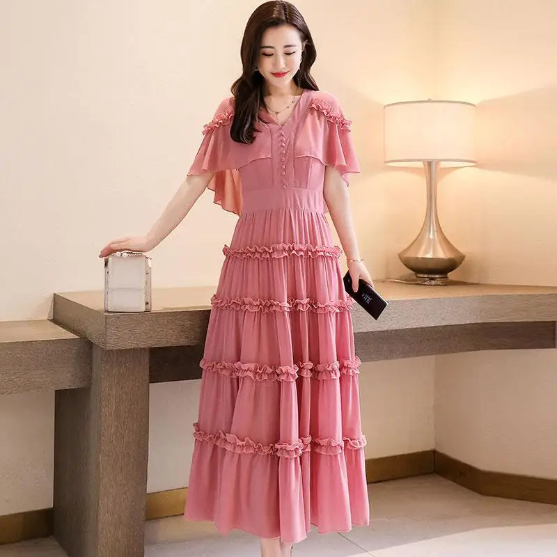

2021 women's summer new chiffon dress Korean fashion all-match shawl solid color long big swing dress women
