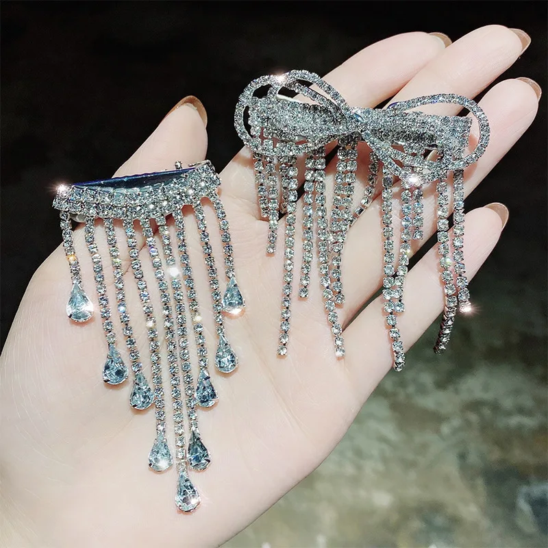 

Diamond Metal Hairpin Fringe Side Clip Tassel Drop of Water Folder Bow Spring Clip Top Clip Simple Hairpin Accessories for Women
