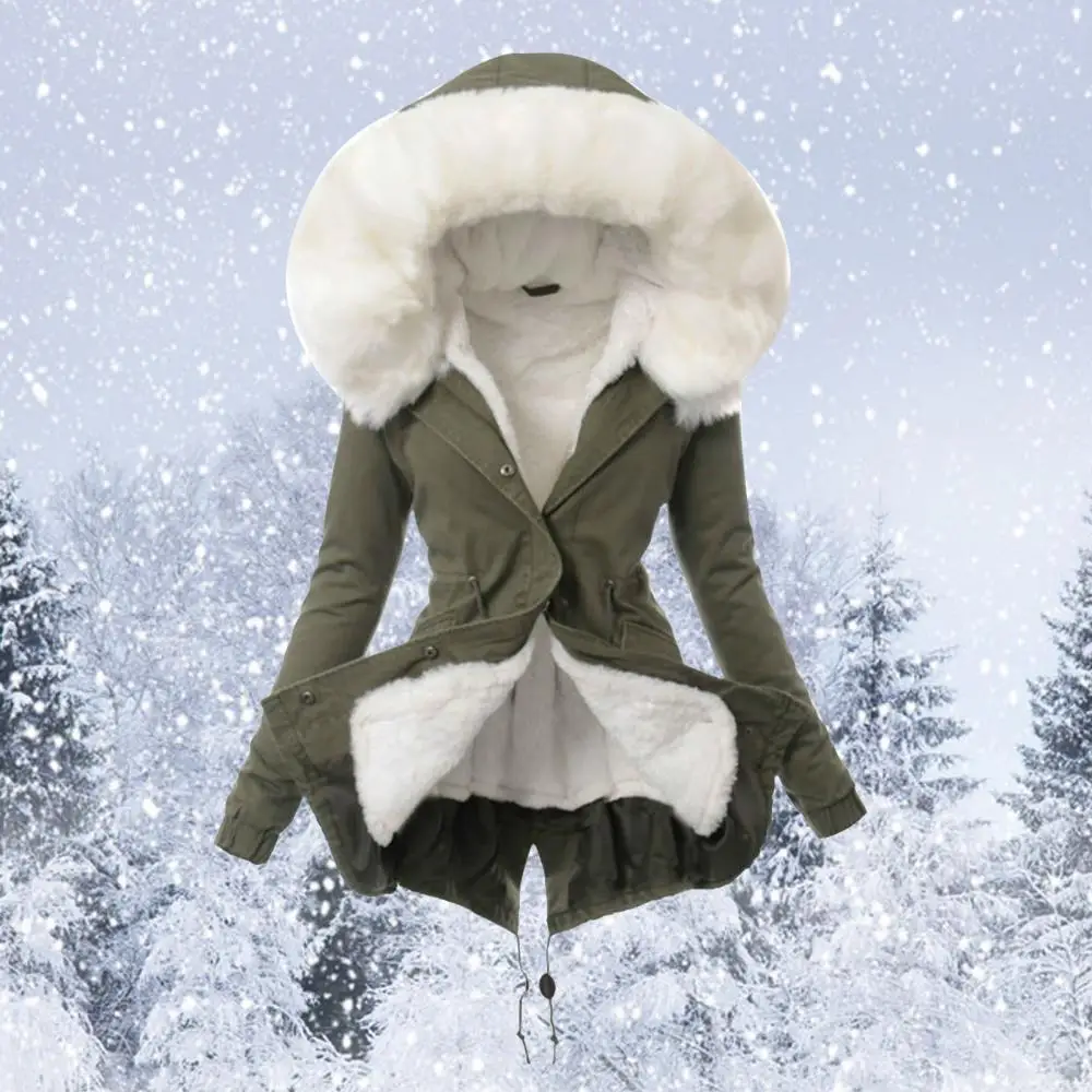 

Ladies Winter Faux Fur Lining Hooded Long Sleeve Thicken Plus Cashmere Overcoat