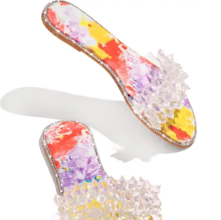 

2021 summer new women round head rhinestone transparent flower female flat beach sandals outdoor all-match casual slippers