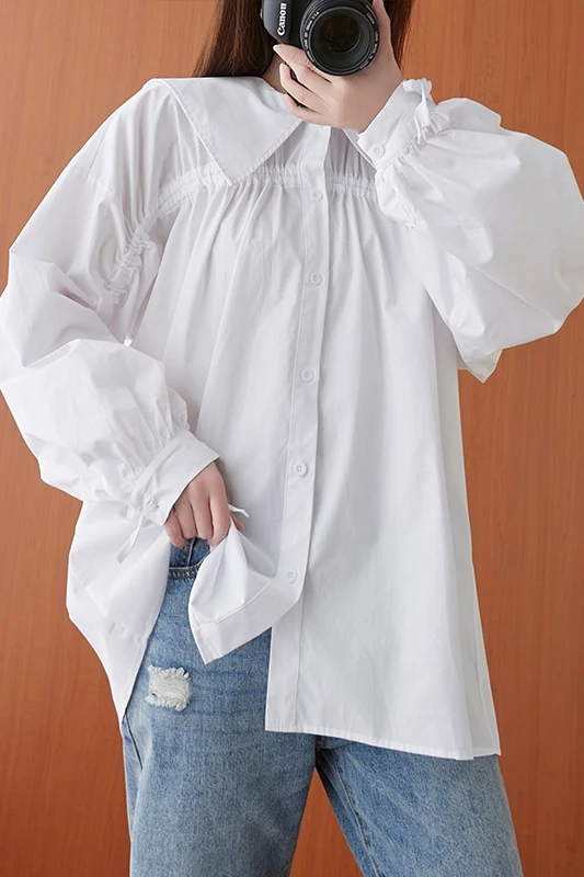 

Navy Collar Drawstring Long Sleeve Shirt Women's Spring 2021 New Loose Large Size Slim Versatile Design Small Majority Shirt