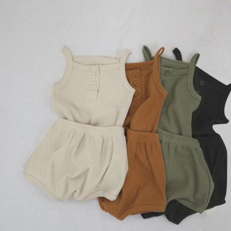 

Летняя Детская вафельная одежда, новинка, жилет с лямкой на шее для мальчиков и девочек + штаны из ПП, домашняя одежда, детский пижамный компл...