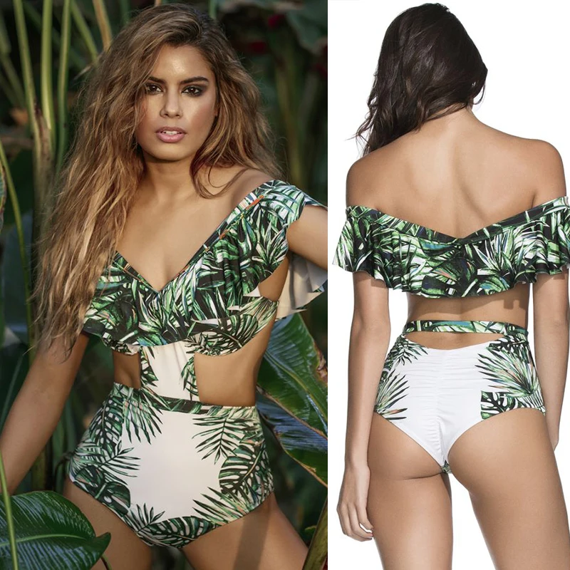 

2021 New Women Female Conjoined Bikini Stes Swimsuit One Piece Suit Leaves Bandeau Thong Push Up Bikini Set Patchwork Biqui Bra